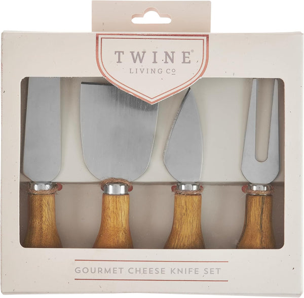 Twine Gourmet Cheese Knives - Stainless Steel Knife Set - Charcuterie Tools Cheese Board Accessories - Stainless Steel and Wood, Set of 4